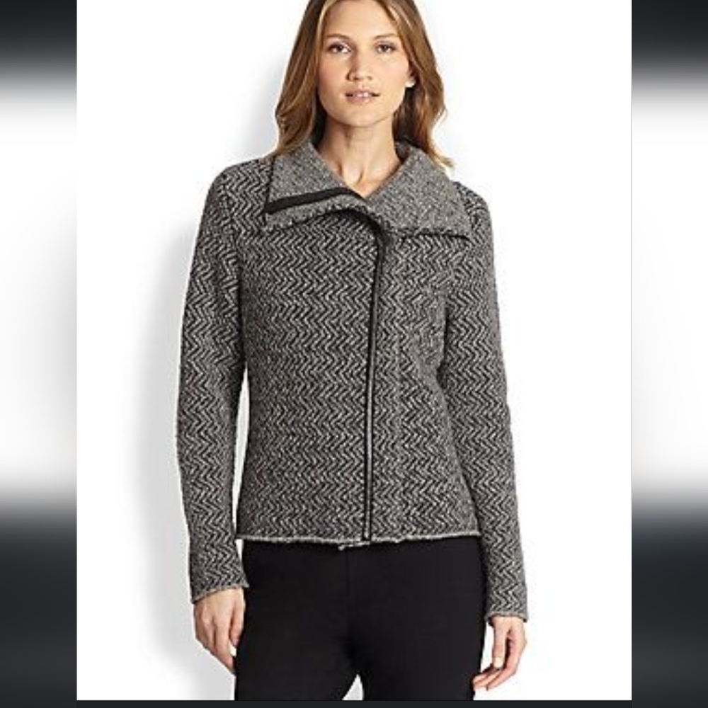 Eileen Fisher Organic Wool Alpaca Lamb Leather Knit Moto Jacket XS Chevron